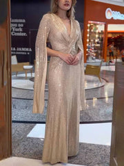 Inrosy robe longue v-cou brillante paillette nœud manches fendues manches longues femme de soirée cérémonie