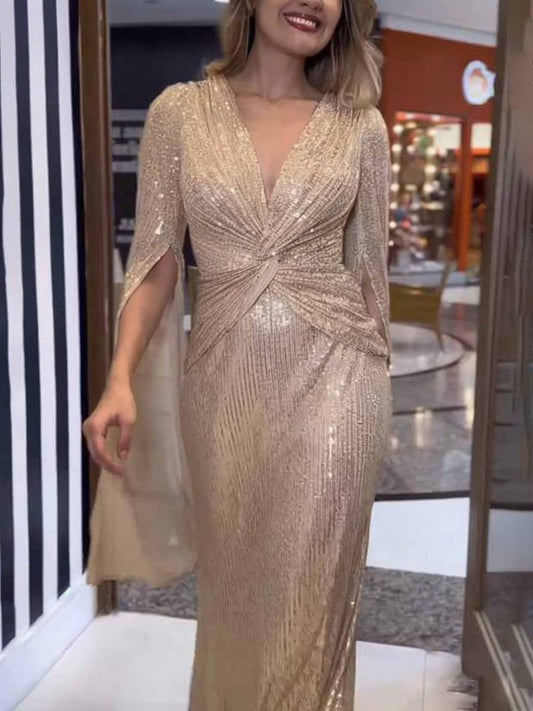 Inrosy robe longue v-cou brillante paillette nœud manches fendues manches longues femme de soirée cérémonie