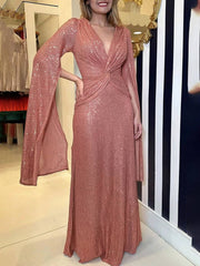 Inrosy robe longue v-cou brillante paillette nœud manches fendues manches longues femme de soirée cérémonie