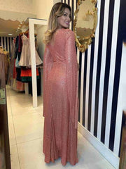 Inrosy robe longue v-cou brillante paillette nœud manches fendues manches longues femme de soirée cérémonie