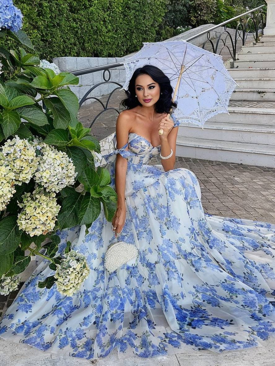 Inrosy longue robe de soirée imprimé à fleurie mousseline noeud papillon bustier sans manches femme élégant vintage bal de promo