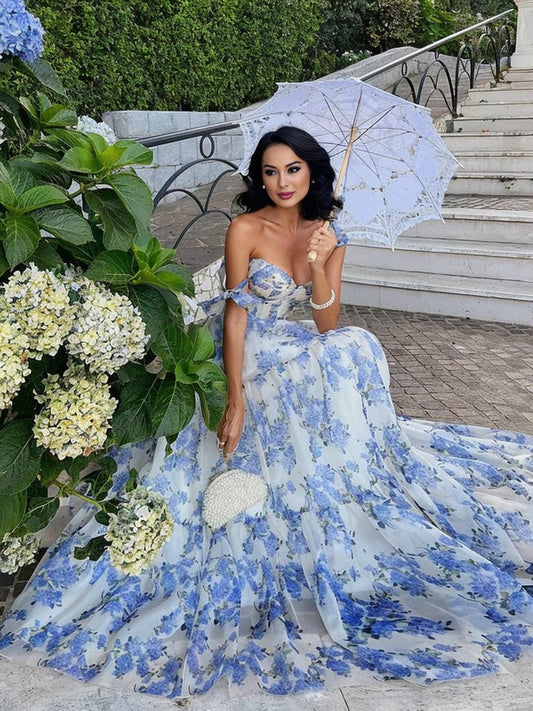 Inrosy longue robe de soirée imprimé à fleurie mousseline noeud papillon bustier sans manches femme élégant vintage bal de promo