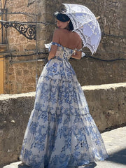 Inrosy longue robe de soirée imprimé à fleurie mousseline noeud papillon bustier sans manches femme élégant vintage bal de promo