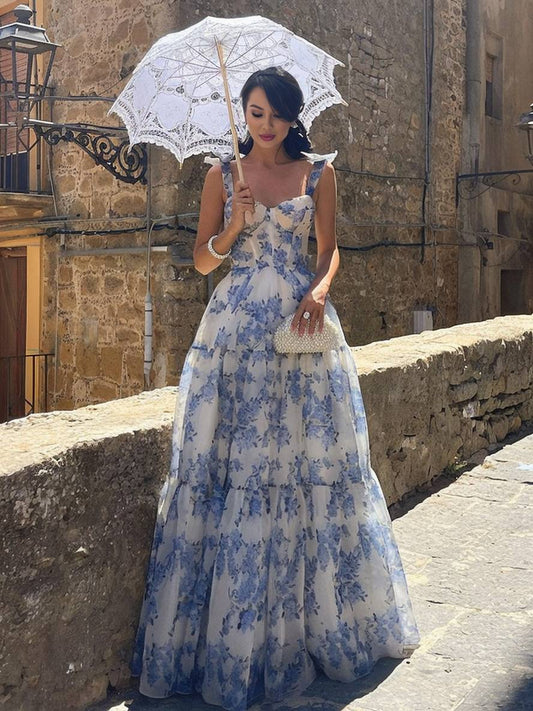 Inrosy longue robe de soirée imprimé à fleurie mousseline noeud papillon bustier sans manches femme élégant vintage bal de promo