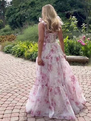 Inrosy longue robe de soirée imprimé à fleurie mousseline noeud papillon bustier sans manches femme élégant vintage bal de promo