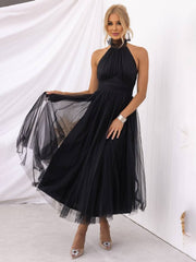 Inrosy longue robe trapèze licou découpes tutu en tulle noeud papillon sans manches femme doux élégant de soirée bal de promo
