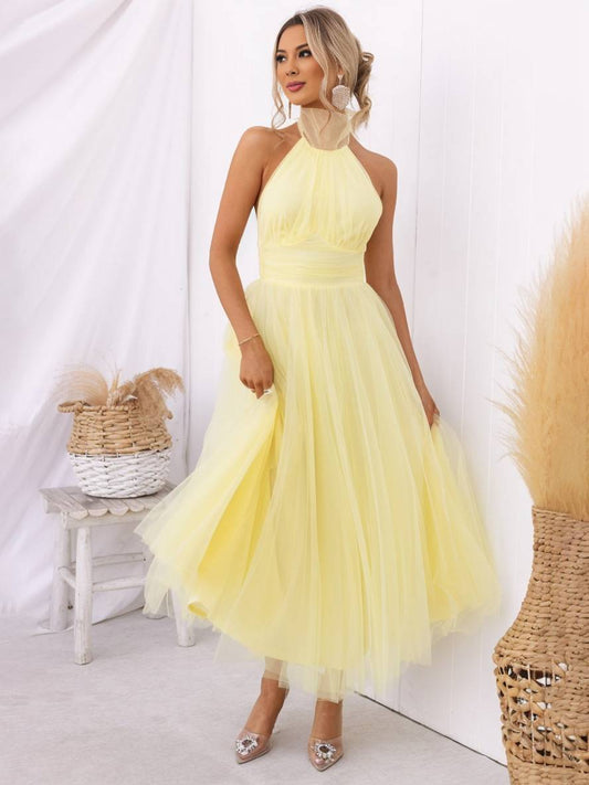 Inrosy longue robe trapèze licou découpes tutu en tulle noeud papillon sans manches femme doux élégant de soirée bal de promo