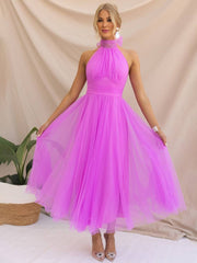 Inrosy longue robe trapèze licou découpes tutu en tulle noeud papillon sans manches femme doux élégant de soirée bal de promo