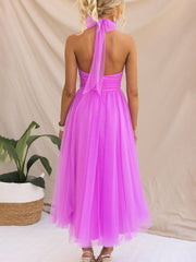 Inrosy longue robe trapèze licou découpes tutu en tulle noeud papillon sans manches femme doux élégant de soirée bal de promo