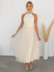 Inrosy longue robe trapèze licou découpes tutu en tulle noeud papillon sans manches femme doux élégant de soirée bal de promo