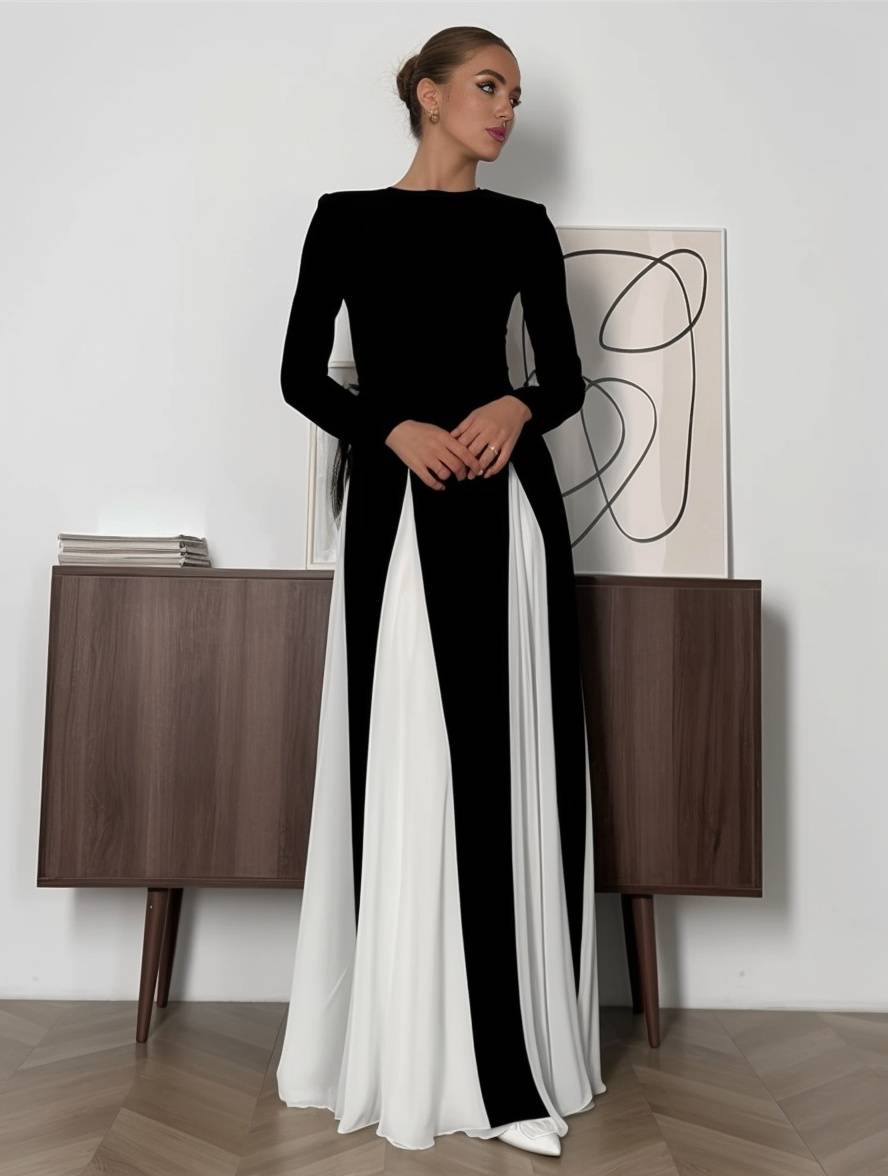 Inrosy robe longue blanche noir couleur bloc col rond manches longues femme élégant décontracté de soirée