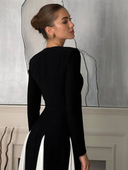 Inrosy robe longue blanche noir couleur bloc col rond manches longues femme élégant décontracté de soirée