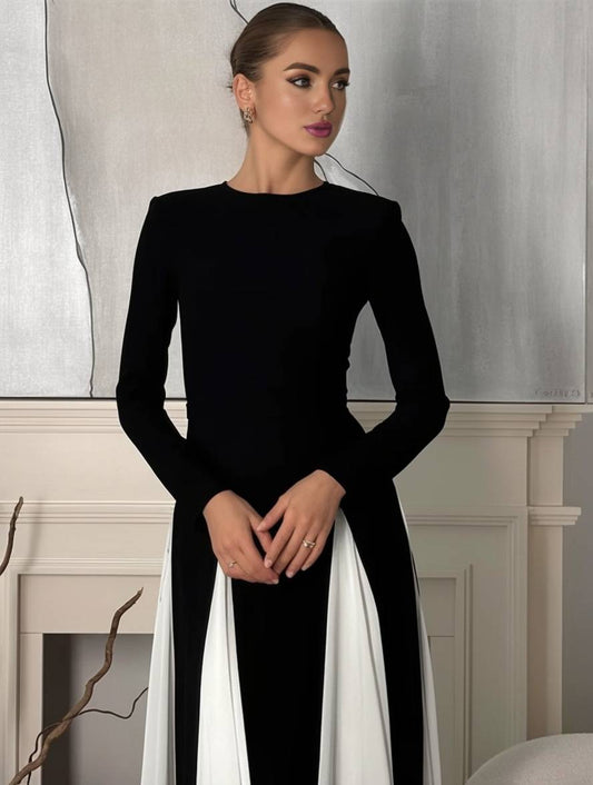 Inrosy robe longue blanche noir couleur bloc col rond manches longues femme élégant décontracté de soirée