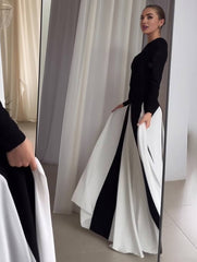 Inrosy robe longue blanche noir couleur bloc col rond manches longues femme élégant décontracté de soirée