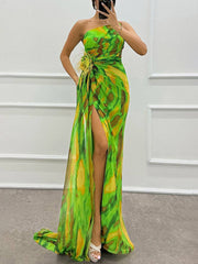Inrosy robe longue imprimé à fleurie mousseline fendu le côté une épaule sans manches plume femme élégant de soirée