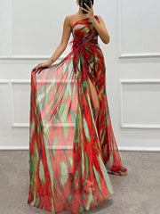 Inrosy robe longue imprimé à fleurie mousseline fendu le côté une épaule sans manches plume femme élégant de soirée