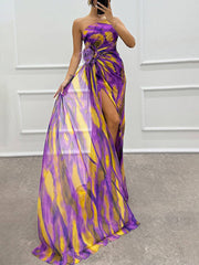 Inrosy robe longue imprimé à fleurie mousseline fendu le côté une épaule sans manches plume femme élégant de soirée