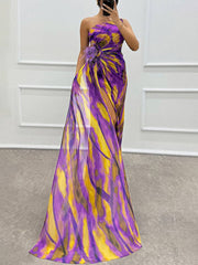 Inrosy robe longue imprimé à fleurie mousseline fendu le côté une épaule sans manches plume femme élégant de soirée