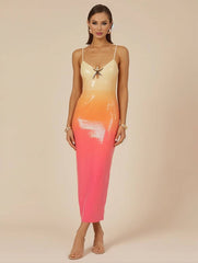 Inrosy robe longue moulante couleur dégradé brillante paillette fendu à fines brides v-cou femme décontracté de soirée