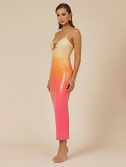 Inrosy robe longue moulante couleur dégradé brillante paillette fendu à fines brides v-cou femme décontracté de soirée
