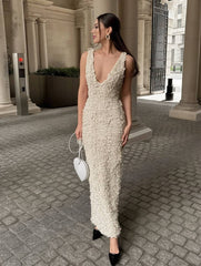 Inrosy robe longue moulante fendu appliques décolleté plongeant sans manches femme élégant de soirée pour mariage