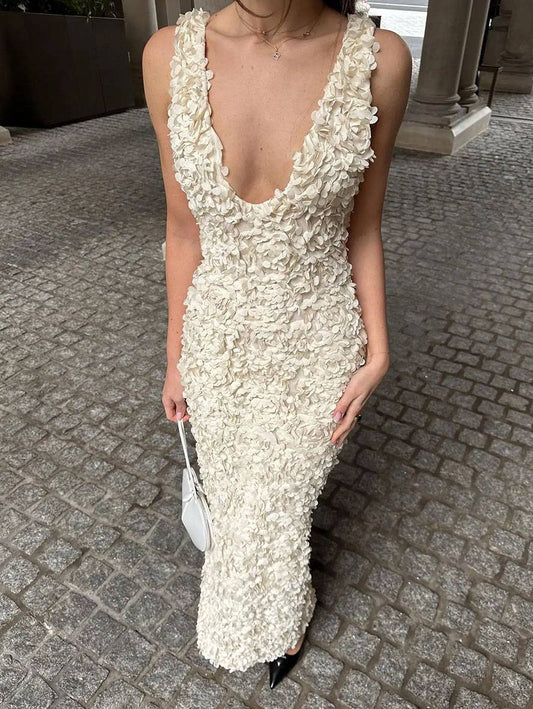 Inrosy robe longue moulante fendu appliques décolleté plongeant sans manches femme élégant de soirée pour mariage