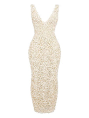Inrosy robe longue moulante fendu appliques décolleté plongeant sans manches femme élégant de soirée pour mariage