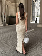 Inrosy robe longue moulante fendu appliques décolleté plongeant sans manches femme élégant de soirée pour mariage