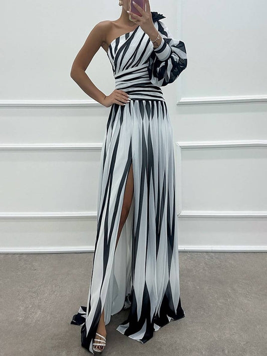 Inrosy robe longue imprimé zèbre fendu le côté fluide une épaule femme élégant de soirée bal de promo