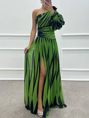 Inrosy robe longue imprimé zèbre fendu le côté fluide une épaule femme élégant de soirée bal de promo