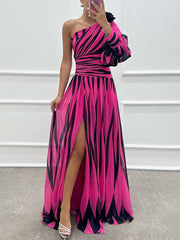 Inrosy robe longue imprimé zèbre fendu le côté fluide une épaule femme élégant de soirée bal de promo