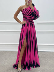 Inrosy robe longue imprimé zèbre fendu le côté fluide une épaule femme élégant de soirée bal de promo