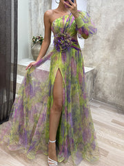 Inrosy robe longue imprimé à fleurie tulle fendu une épaule manches bishop manches longues femme élégant de soirée