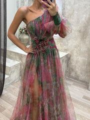 Inrosy robe longue imprimé à fleurie tulle fendu une épaule manches bishop manches longues femme élégant de soirée