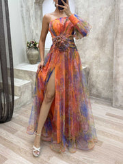 Inrosy robe longue imprimé à fleurie tulle fendu une épaule manches bishop manches longues femme élégant de soirée