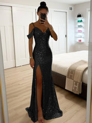 Inrosy longue robe v-cou brillante paillette fendu le côté épaules fendues sans manches femme élégant de soirée cérémonie