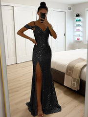 Inrosy longue robe v-cou brillante paillette fendu le côté épaules fendues sans manches femme élégant de soirée cérémonie