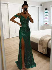 Inrosy longue robe v-cou brillante paillette fendu le côté épaules fendues sans manches femme élégant de soirée cérémonie