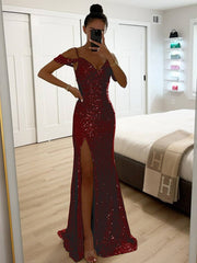 Inrosy longue robe v-cou brillante paillette fendu le côté épaules fendues sans manches femme élégant de soirée cérémonie