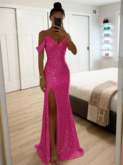 Inrosy longue robe v-cou brillante paillette fendu le côté épaules fendues sans manches femme élégant de soirée cérémonie