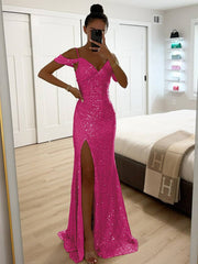 Inrosy longue robe v-cou brillante paillette fendu le côté épaules fendues sans manches femme élégant de soirée cérémonie