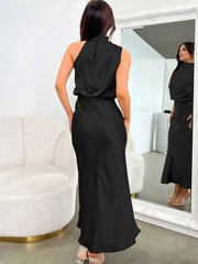 Inrosy longue robe demoiselle d'honneur en satin irrégulière col roulé licou sans manches femme élégant de soirée pour mariage