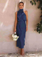 Inrosy longue robe demoiselle d'honneur en satin irrégulière col roulé licou sans manches femme élégant de soirée pour mariage