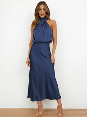 Inrosy longue robe demoiselle d'honneur en satin irrégulière col roulé licou sans manches femme élégant de soirée pour mariage