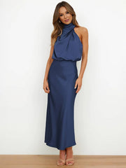 Inrosy longue robe demoiselle d'honneur en satin irrégulière col roulé licou sans manches femme élégant de soirée pour mariage