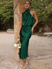 Inrosy longue robe demoiselle d'honneur en satin irrégulière col roulé licou sans manches femme élégant de soirée pour mariage