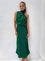 Inrosy longue robe demoiselle d'honneur en satin irrégulière col roulé licou sans manches femme élégant de soirée pour mariage