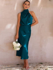 Inrosy longue robe demoiselle d'honneur en satin irrégulière col roulé licou sans manches femme élégant de soirée pour mariage