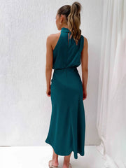 Inrosy longue robe demoiselle d'honneur en satin irrégulière col roulé licou sans manches femme élégant de soirée pour mariage