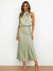 Inrosy longue robe demoiselle d'honneur en satin irrégulière col roulé licou sans manches femme élégant de soirée pour mariage